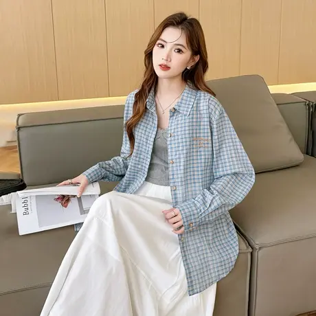 唐狮新款长袖格子衬衫女蓝色格纹翻领复古百搭休闲上衣blTM商品大图