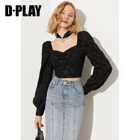 DPLAY秋新甜美蝴蝶结提花长袖黑色上衣商品大图