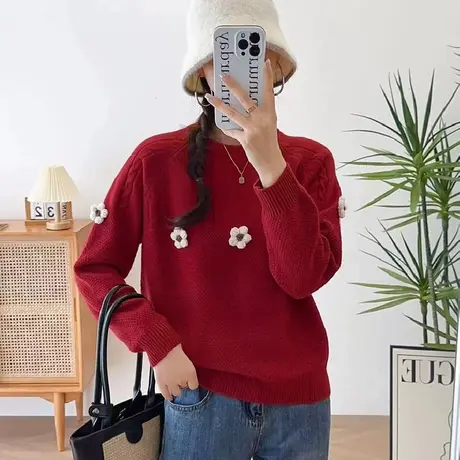 秋冬2023新款慵懒风毛衣女针织衫加厚内搭打底衫立体小花软糯上衣图片