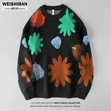 小众炫彩提花保暖套头毛衣男宽松冬季重磅圆领青年帅气针织衫线衣商品大图