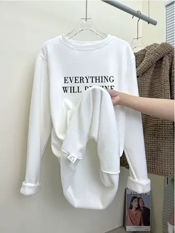 白色内搭打底衫女装2023新款欧货秋冬季加绒今年流行长袖t恤上衣图片