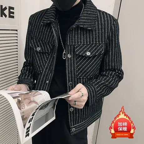 毛呢条纹夹克男秋冬冬装韩版个性短款加棉呢子工装外套高级感上衣图片