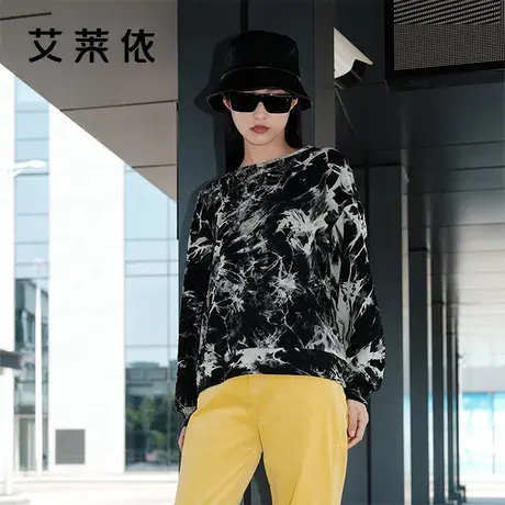 艾莱依秋冬女士卫衣上衣外套宽松长袖加绒圆领加厚商品大图