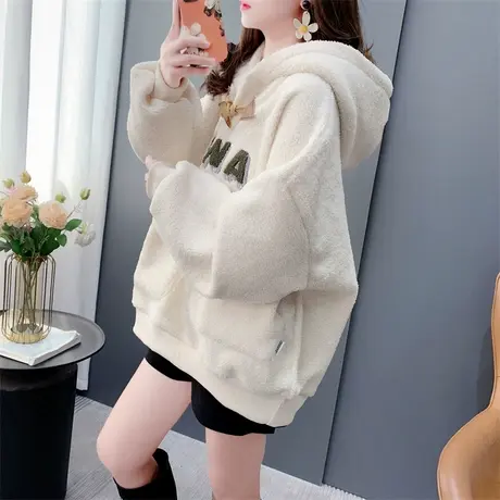 加绒加厚连帽羊羔毛卫衣女2023年新款冬季宽松高级感保暖外套上衣商品大图