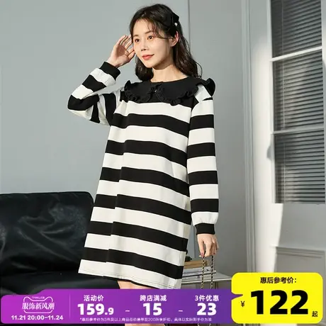 唐狮黑色条纹娃娃领连衣裙长袖春季流行穿搭裙子春装卫衣裙女装s5图片