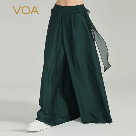 VOA暗纹提花桑蚕丝拼接乔其丝绸活页装饰自然腰深绿真丝阔腿长裤图片