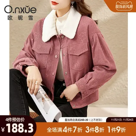 欧昵雪2023冬季新款仿貂毛翻领灯芯绒厚短外套女长袖宽松夹棉上衣商品大图