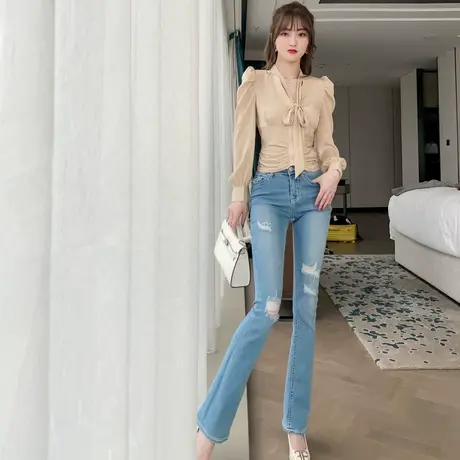 V领长袖雪纺小心机绑带衬衣超火上衣设计感修身2024新款法式衬衫商品大图