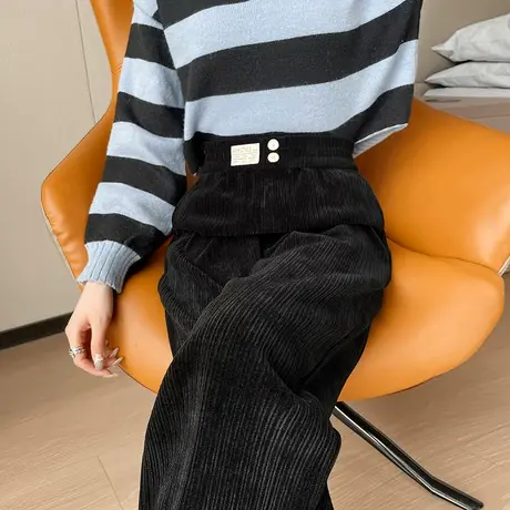 黑色灯芯绒阔腿裤女秋冬新款雪尼尔高腰显瘦休闲宽松垂感拖地裤子图片