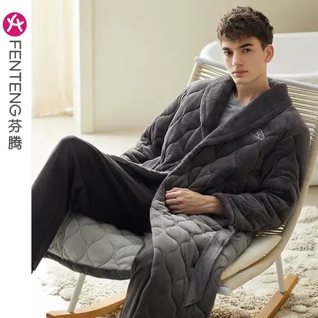 芬腾睡袍男珊瑚绒夹棉冬季长款睡衣浴衣浴袍加厚保暖法兰绒家居服图片