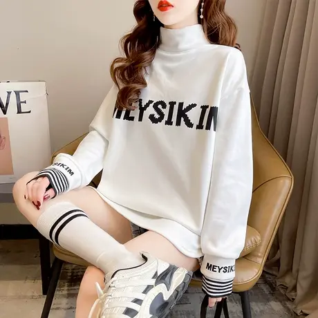 半高领长袖t恤女春秋季韩版宽松大码女装中长款加绒内搭打底衫潮图片