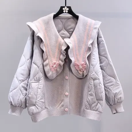 立体小花娃娃领针织拼接棉服女冬季2023年新款宽松高级感棉衣外套图片