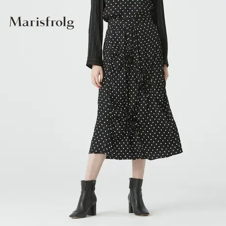 Marisfrolg玛丝菲尔桑蚕丝2020年冬新款黑色波点拼接中长款半身裙商品大图