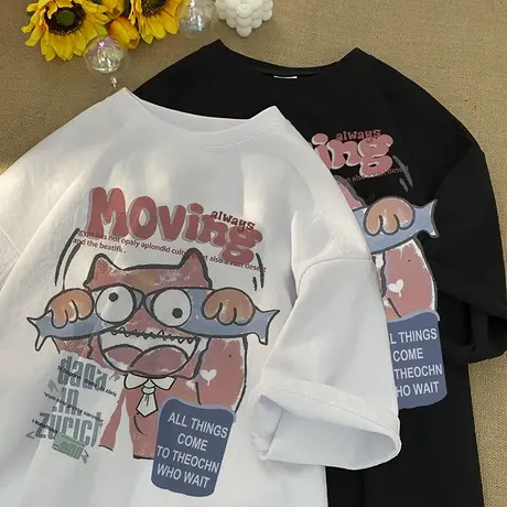 卡通短袖T恤男夏季潮牌宽松大码纯棉半袖美式重磅休闲情侣体恤衫商品大图