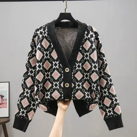2023春季新款韩版宽松菱形格子针织衫女毛衣长袖V领百搭外套上衣商品大图
