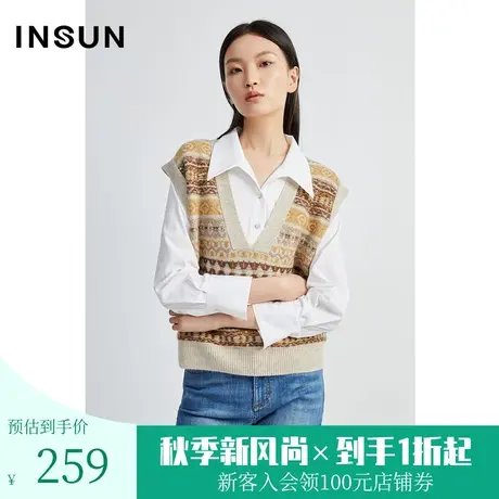 恩裳春秋季新品大气V领复古费尔岛提花设计百搭针织衫商品大图