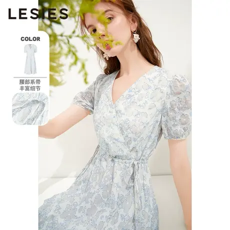 LESIES蓝色倾情春夏装新V领泡泡袖淑女碎花连衣裙气质茶歇裙图片