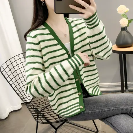 条纹撞色针织开衫外套女早秋装新款宽松港味chic复古小众别致上衣图片