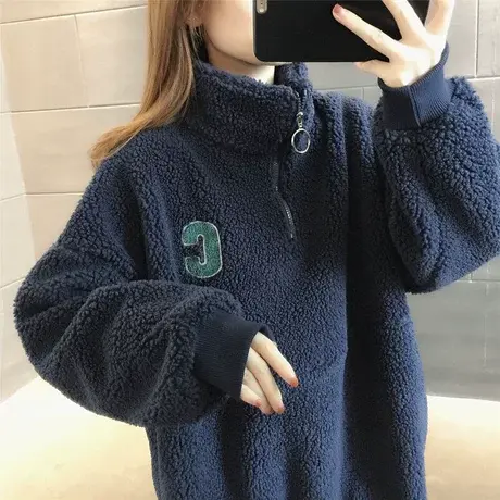 羊羔绒外套卫衣新款加绒加厚2023冬季新款宽松纯色简约百搭减龄潮商品大图