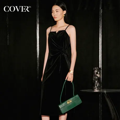 COVER秋季抽褶不对称丝绒吊带连衣裙图片