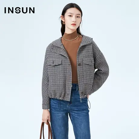 恩裳奥莱冬季千鸟格纹工装宽松休闲连帽短款外套图片