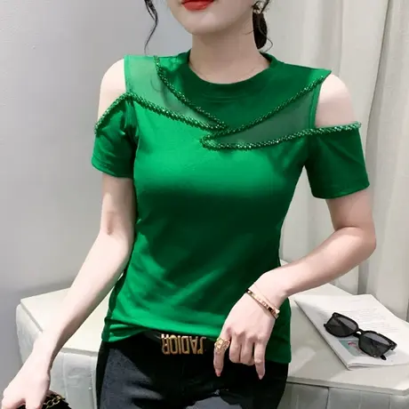 欧货露肩短袖女2024夏季新款性感网纱拼接T恤时尚钉珠洋气上衣ins图片
