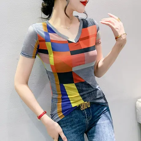 个性拼色T恤女短袖2024夏装新款性感V领小衫洋气网纱修身上衣半袖图片