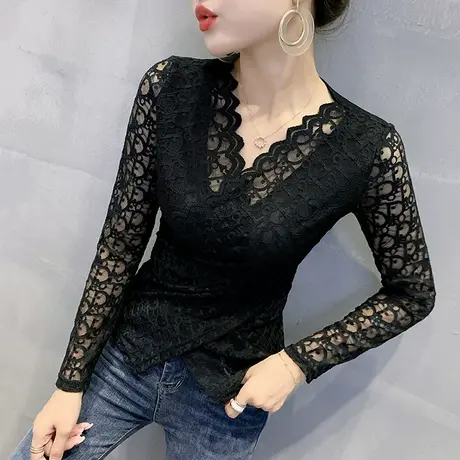 性感镂空蕾丝打底衫女春秋长袖V领收腰春装不规则交叉洋气质上衣商品大图