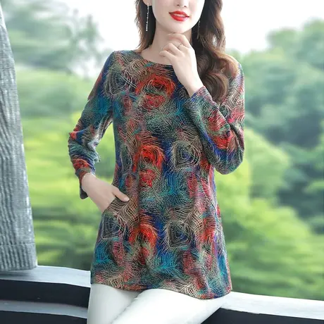 花色气质长袖t恤女2023秋装新款漂亮洋气宽松妈妈中长款打底衫女图片
