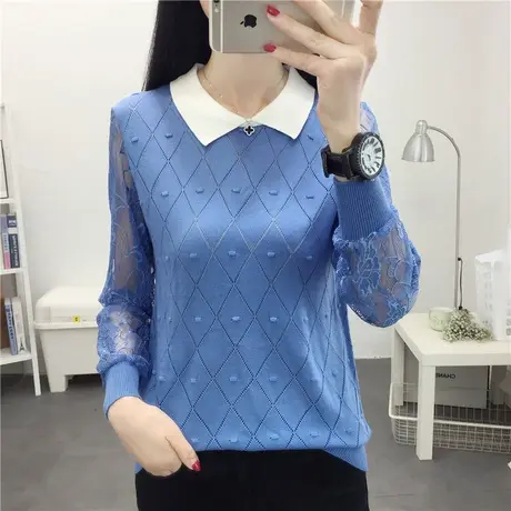 蕾丝针织打底衫女2023春款娃娃领镂空宽松外穿女士套头薄款上衣商品大图