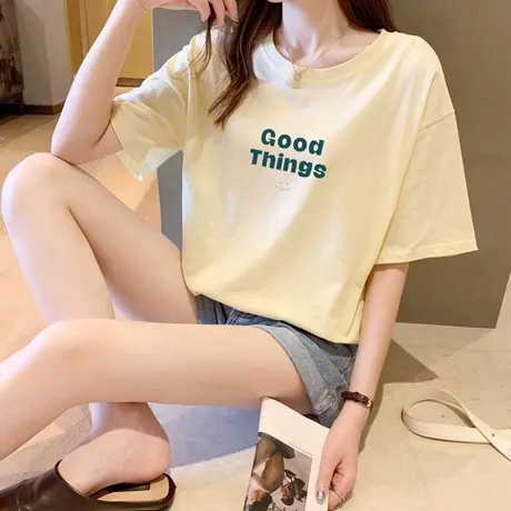 流行字母复古印花t恤女2023夏季新款韩式宽松上衣纯棉ins网红短袖商品大图