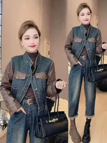 复古皮衣拼接牛仔外套女秋季2023新款设计感立领短款机车夹克上衣商品大图