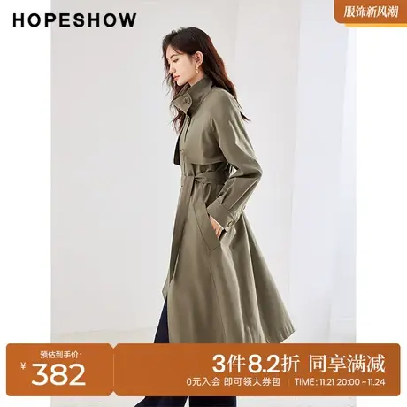 红袖outlets时尚立领风衣hopeshow2023秋装新款单排扣插肩长外套商品大图