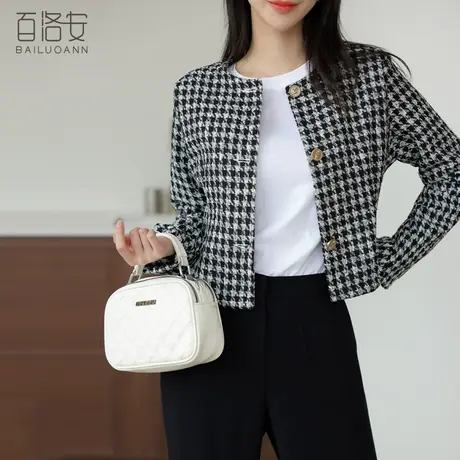 百洛安时髦千鸟格上衣2024春装新款气质圆领长袖短款OL外搭小外套图片