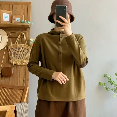 dza复古单排扣贴布长袖半高圆领T恤女秋冬内搭上衣宽松休闲打底衫商品大图