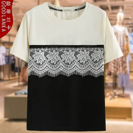 加肥加大码胖妈妈夏装上衣200斤宽松时尚撞色网纱拼接休闲短袖T恤商品大图