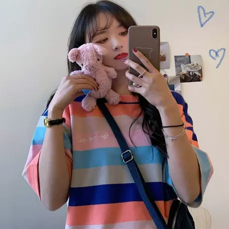 网红条纹大版短袖t恤女夏2020韩版宽松原宿风半袖ins超火上衣服潮图片