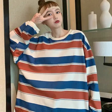 waitmore条纹卫衣女2020初秋薄款宽松韩版潮ins上衣bf慵懒风外套商品大图