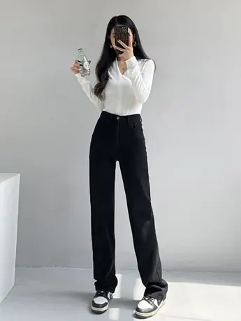 清仓捡漏休闲百搭2023秋冬高腰直筒牛仔裤女阔腿显瘦弹力拖地裤商品大图