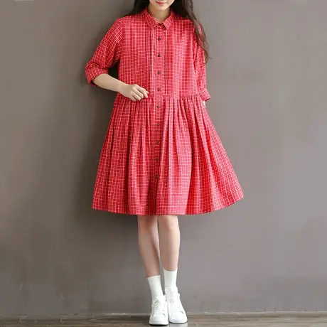 【买一送一】2021春新款复古宽松连衣裙肥大码格子打底裙200斤女商品大图