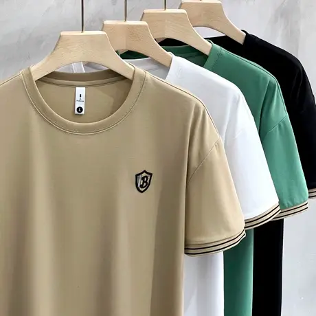 欧洲站夏季薄款丝光棉白色圆领半袖t恤男条纹修身男士短袖潮流短T图片