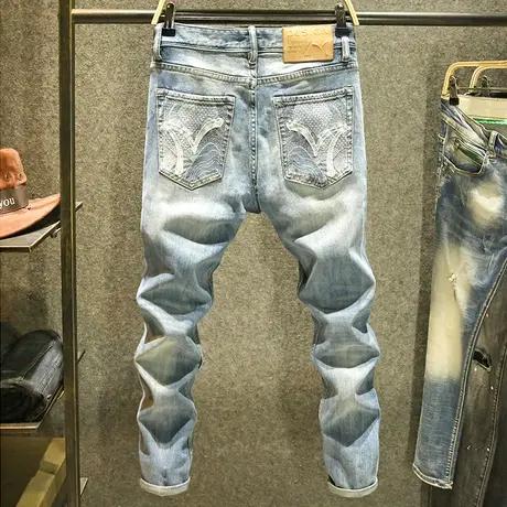 蓝色水洗牛仔裤男弹力修身小脚裤春夏季高级潮牌印花百搭男士裤子商品大图
