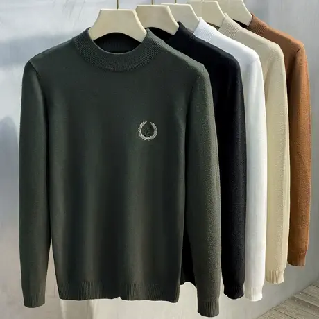 中领毛衣男加绒加厚2023新款潮流刺绣半高领打底衫男士内搭秋冬季商品大图