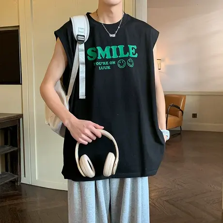 夏季字母印花圆领无袖t恤男生篮球背心男款情侣装夏装上衣服男士商品大图