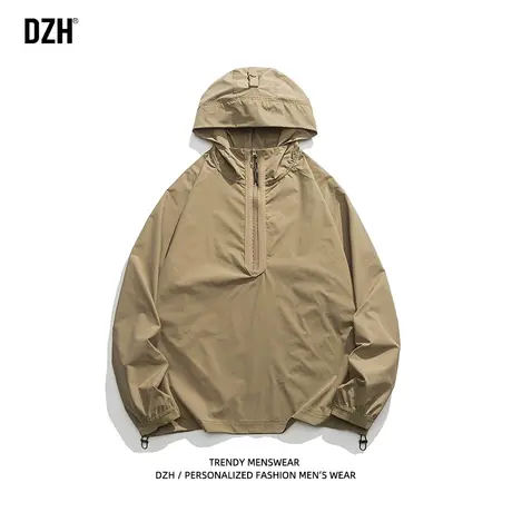 男生半拉链外套男春秋款潮牌宽松卡其色夹克上衣男装2023新款衣服商品大图