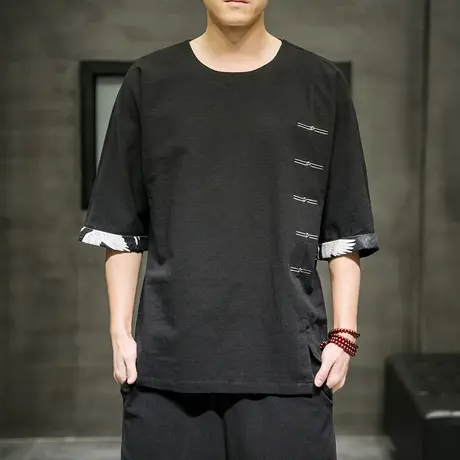 2023夏季新款七分袖男体恤中国风棉麻复古盘扣男装半截袖大码上衣图片