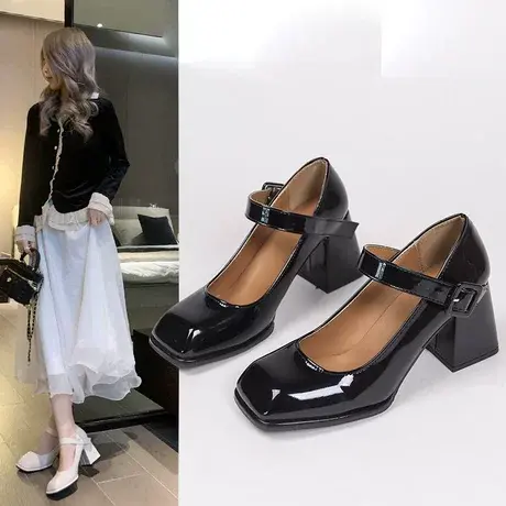 2023年新款中跟高跟玛丽珍鞋子女春夏季粗跟温柔一字扣带包头单鞋商品大图
