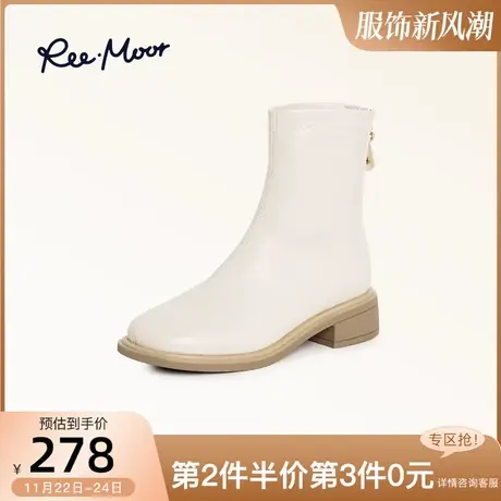 REEMOOR睿慕白色短靴女优雅瘦瘦靴2023秋冬新款气质中筒小踝靴商品大图