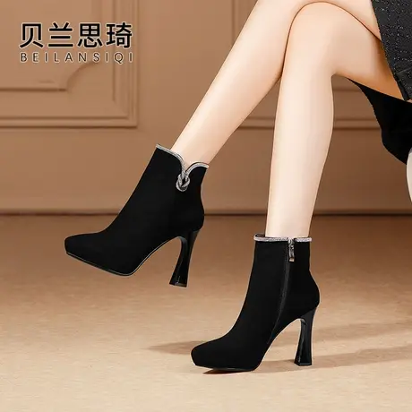 磨砂真皮水钻尖头厚底粗跟短靴女2023秋冬季新款防水台高跟踝靴图片