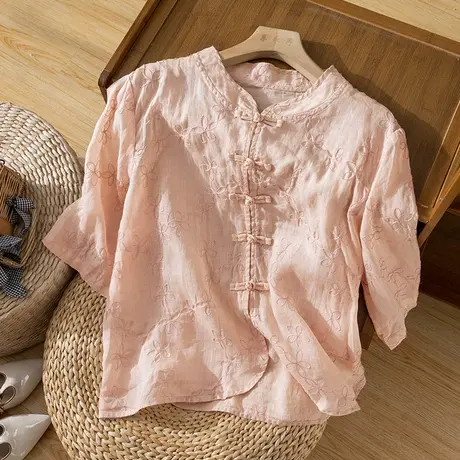 享永子短袖苎麻衬衫女文艺复古刺绣宽松百搭休闲上衣2024秋季新款商品大图